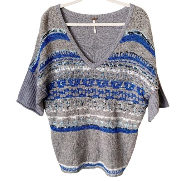Free People | Fair Isle Sequin Embellished Wool Linen Short Sleeve Sweater Med - Picture 1 of 7